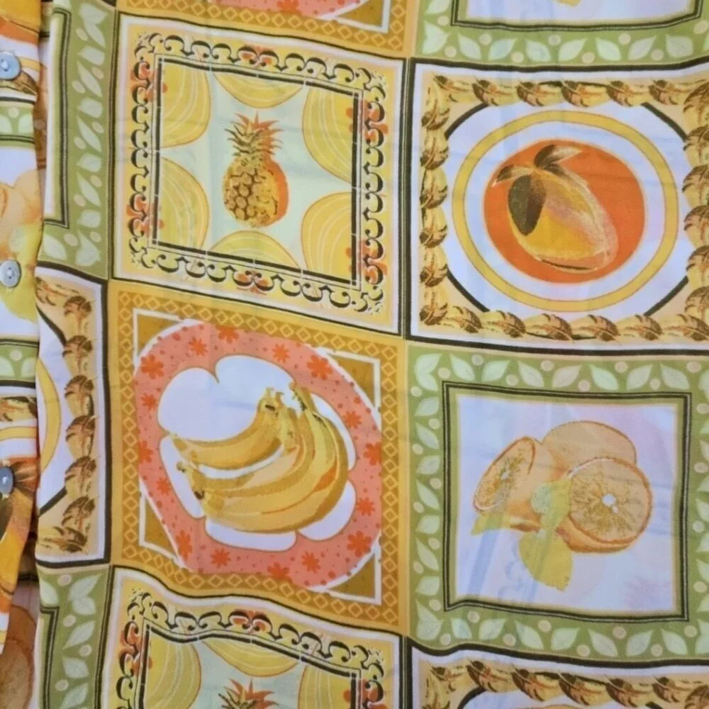 Rose + Olive Top Women's 1X Tropical Fruit Motif Yellow 3/4 Sleeve NWT Old Money